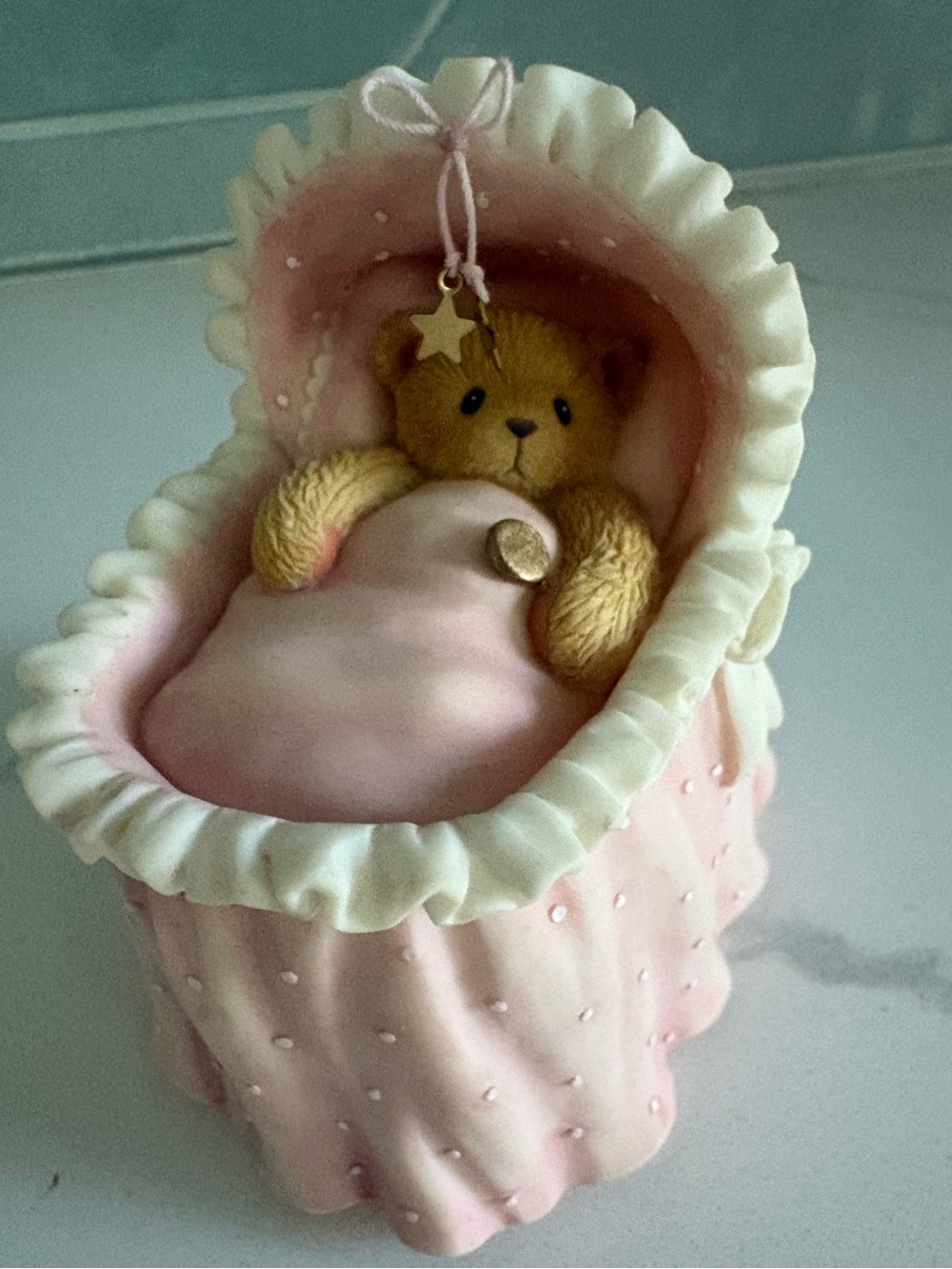 Enesco Cherished Teddies "It's A Girl" Baby Bear in Pink Bassinet Figure #745073